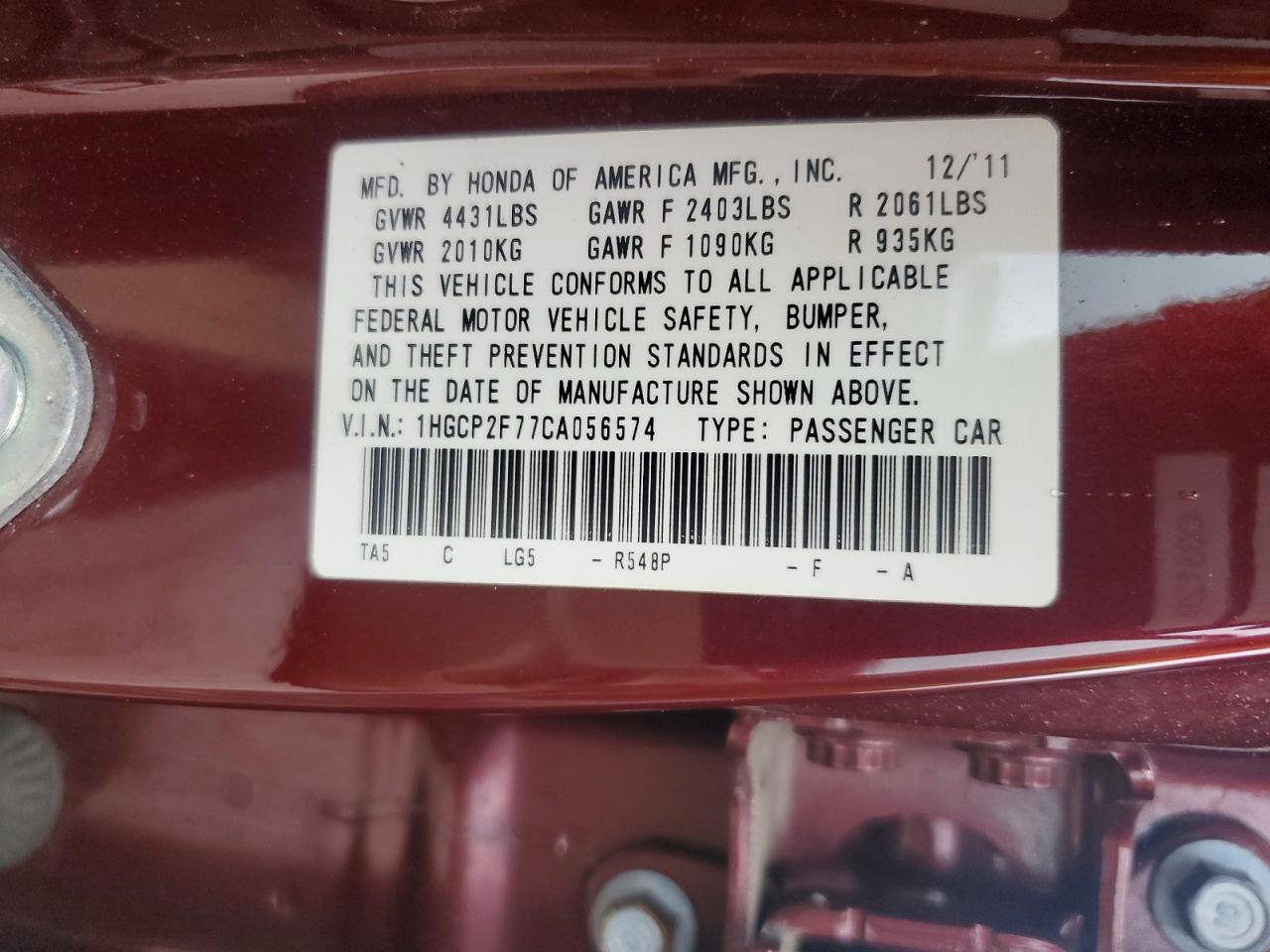 2012 Honda Accord Ex Maroon vin: 1HGCP2F77CA056574