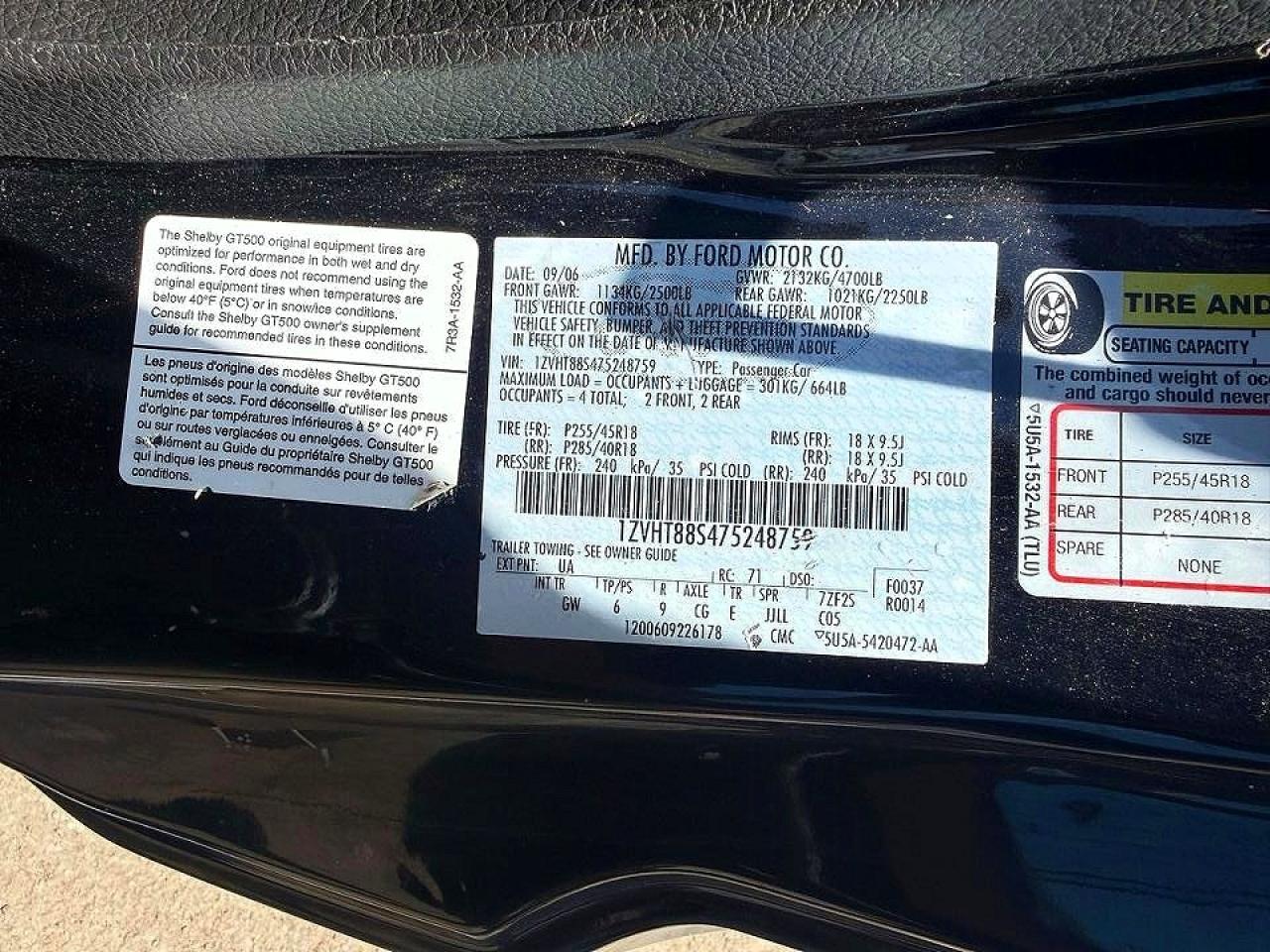 2007 Ford Mustang Shelby Gt500 Black vin: 1ZVHT88S475248759