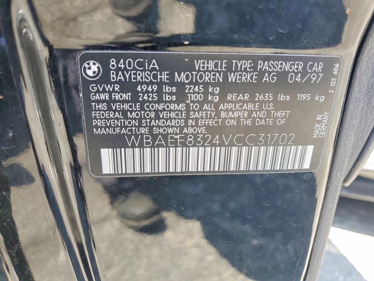 1997 Bmw 840 Ci Automatic Black vin: WBAEF8324VCC31702