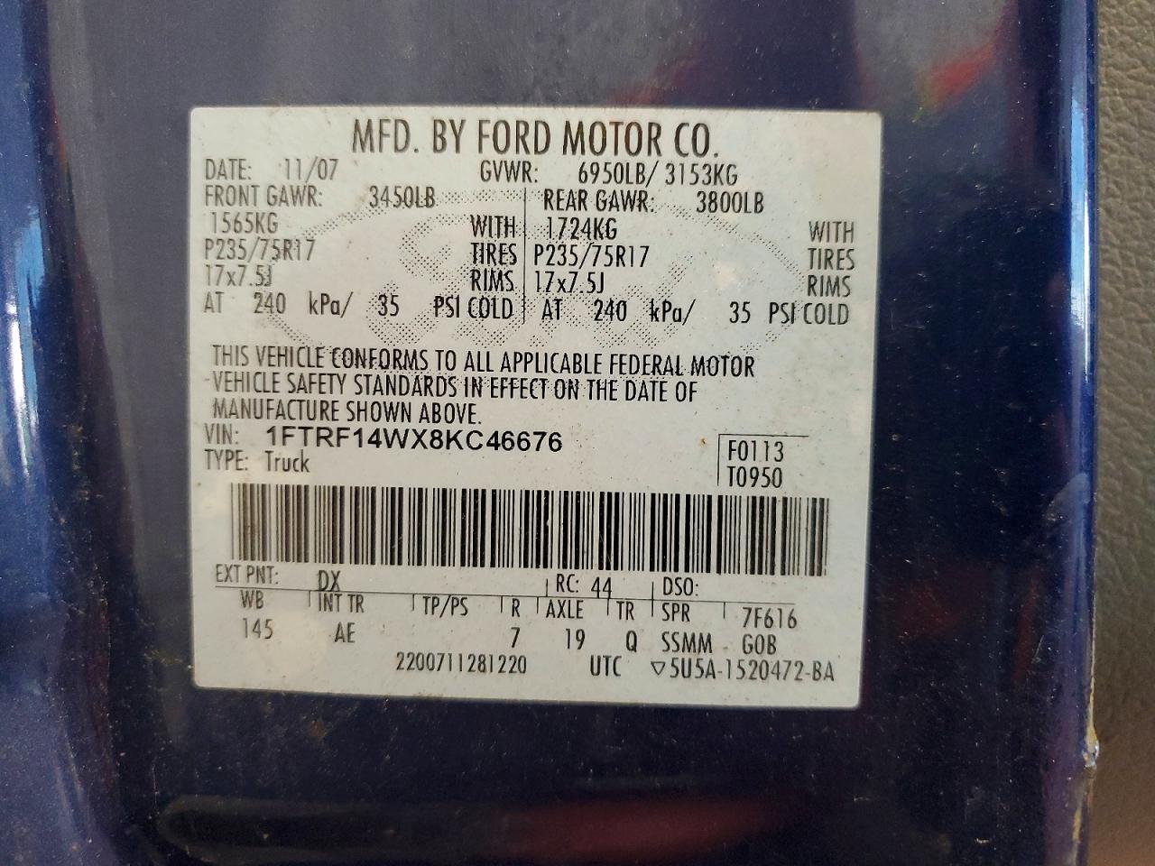 2008 Ford F150 Blue vin: 1FTRF14WX8KC46676