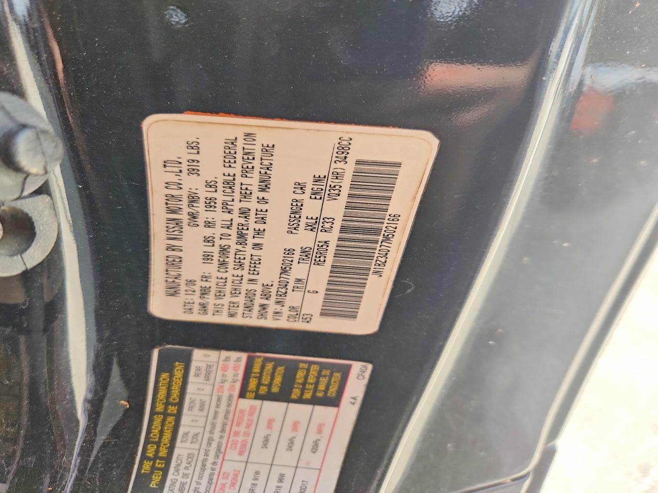 2007 Nissan 350z Base Black vin: JN1BZ34D77M502166