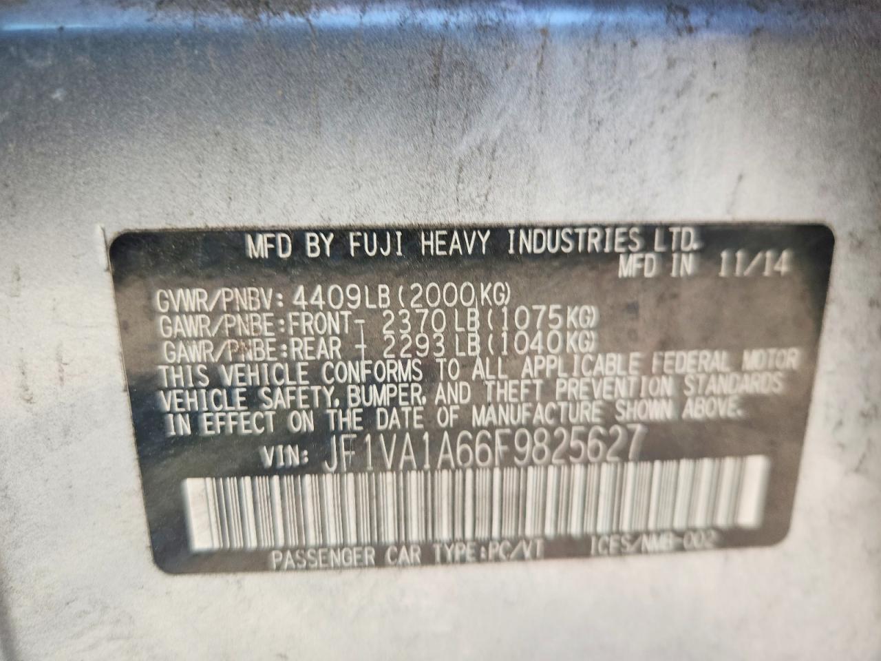2015 Subaru Wrx Silver vin: JF1VA1A66F9825627