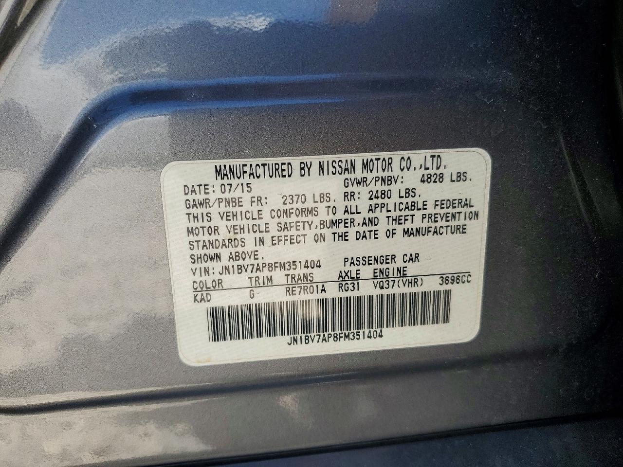 2015 Infiniti Q50 Premium Gray vin: JN1BV7AP8FM351404