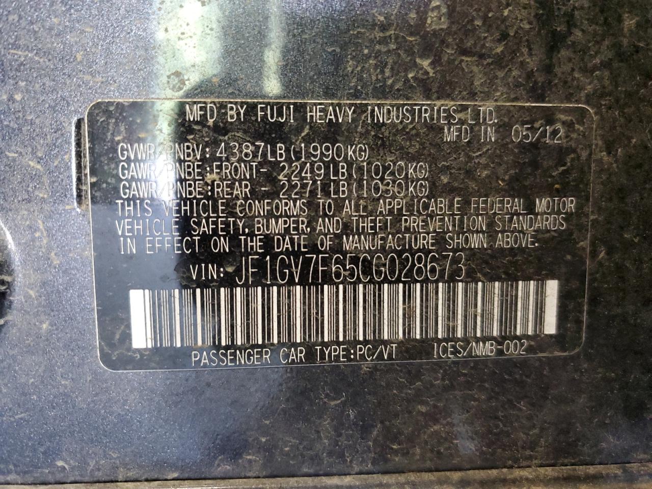 2012 Subaru Impreza Wrx Gray vin: JF1GV7F65CG028673