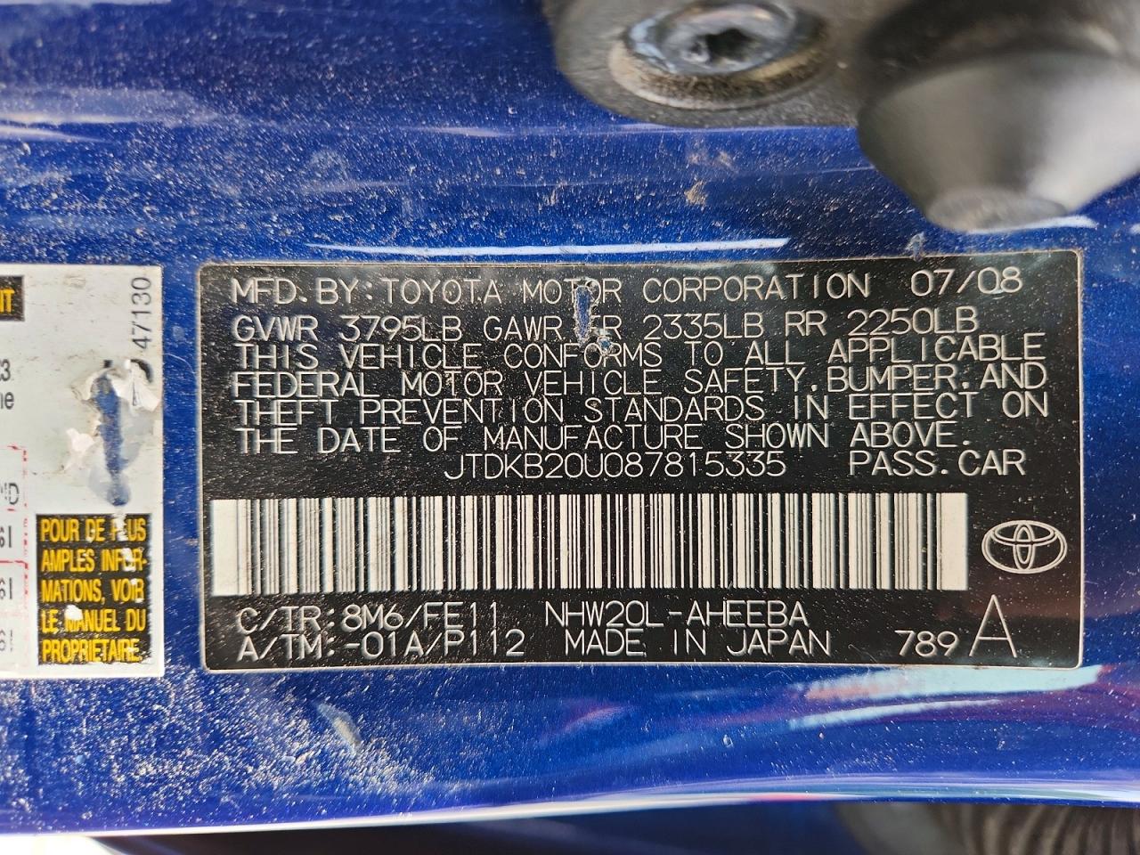 2008 Toyota Prius Base Blue vin: JTDKB20U087815335