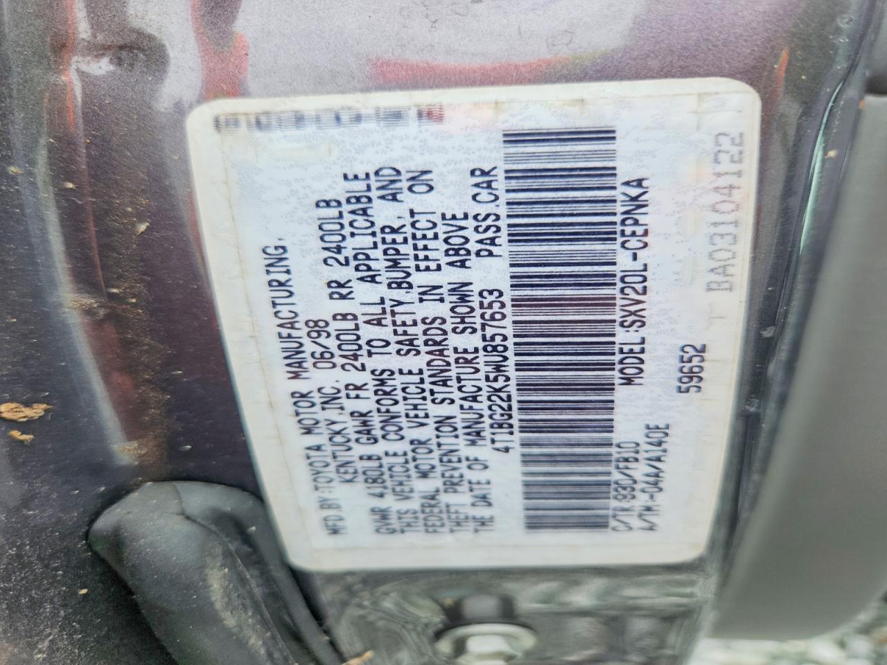 1998 Toyota Camry Le Gray vin: 4T1BG22K5WU857653