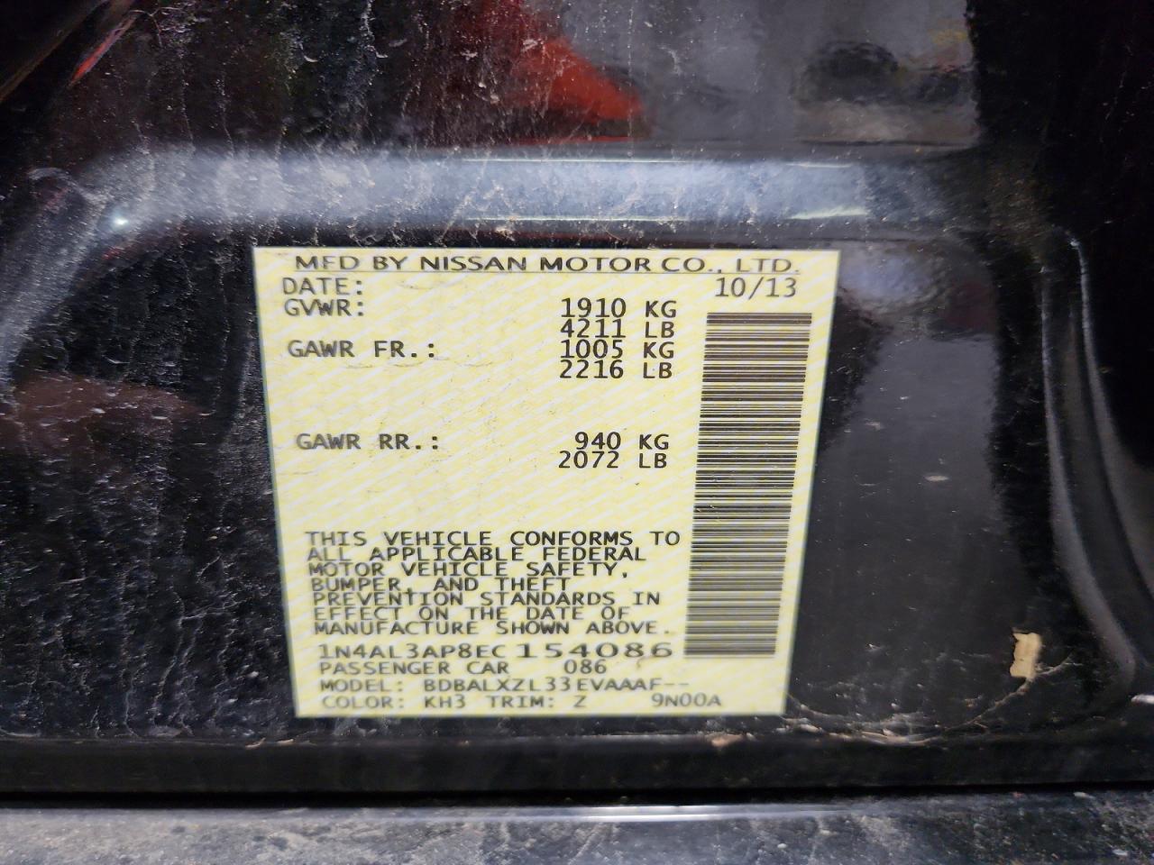 2014 Nissan Altima 2.5 Sl Black vin: 1N4AL3AP8EC154086