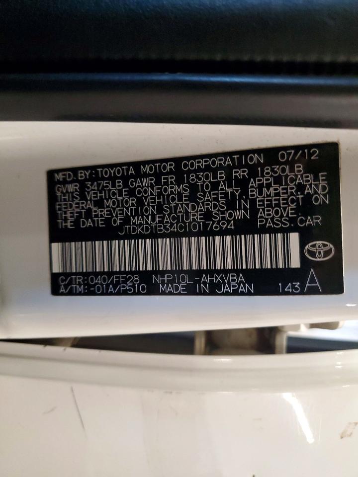 2012 Toyota Prius C Two White vin: JTDKDTB34C1017694