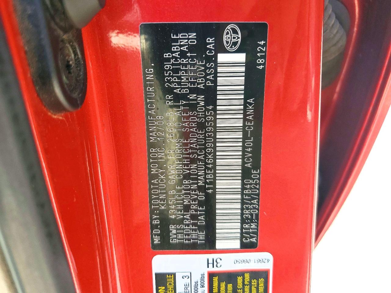 2009 Toyota Camry Le Красный vin: 4T1BE46K99U395954