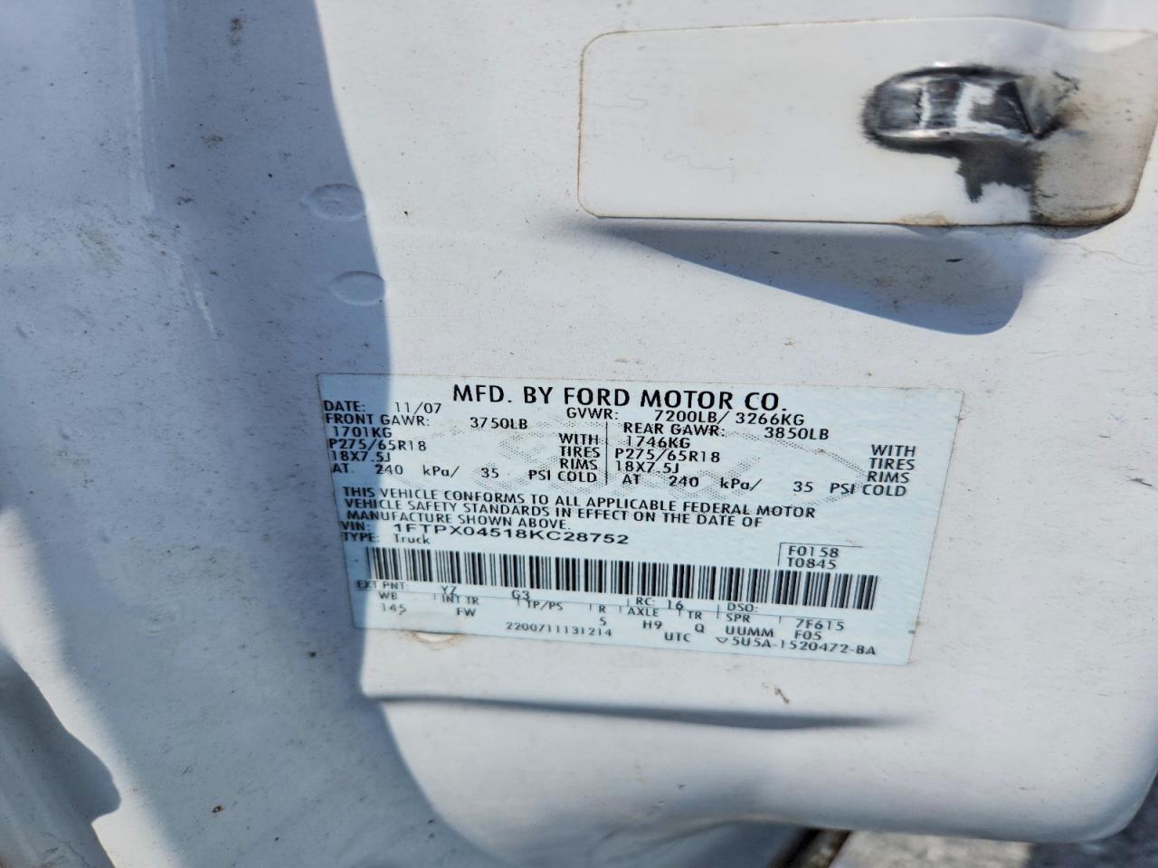 2008 Ford F150 White vin: 1FTPX04518KC28752