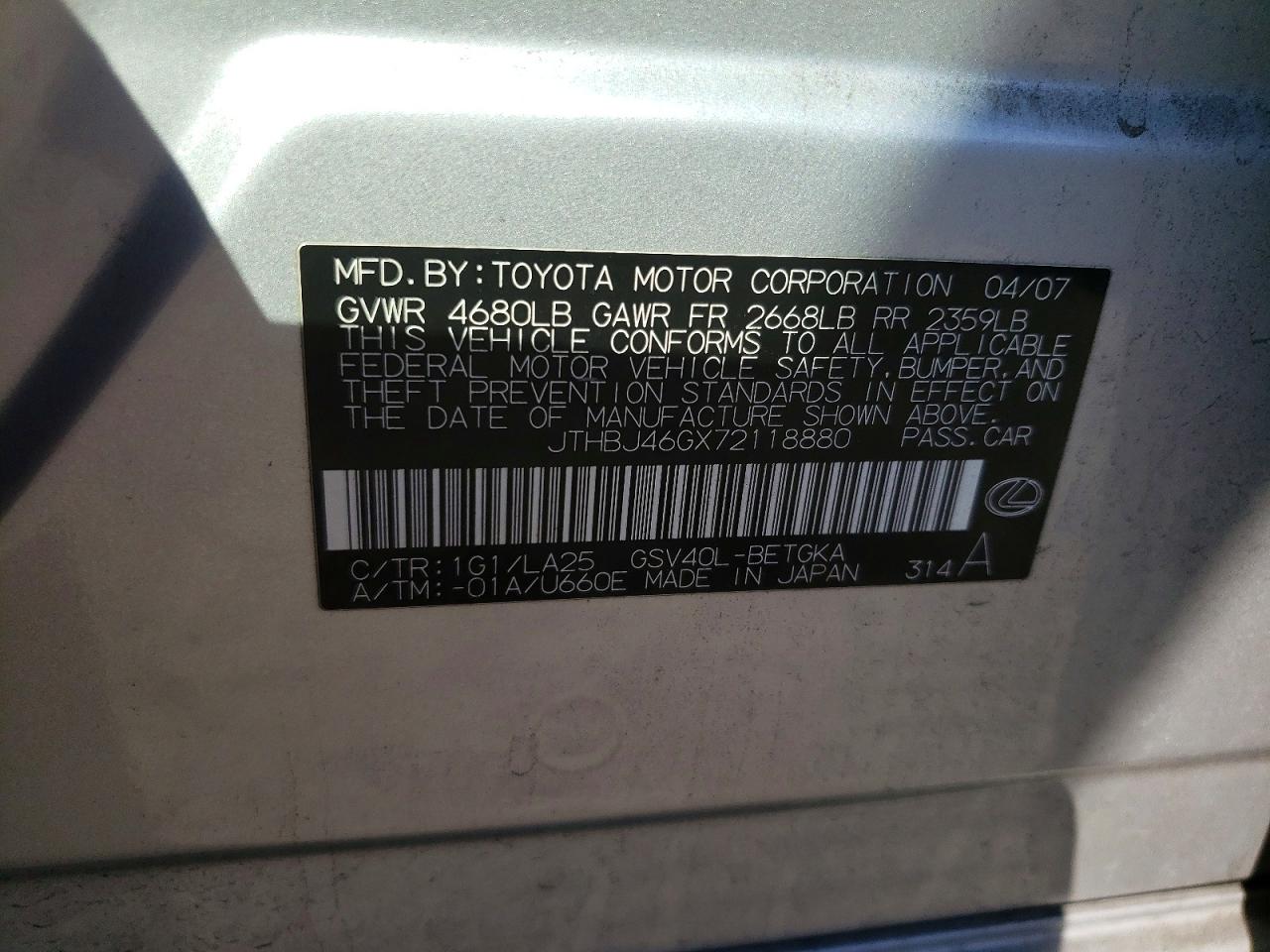 2007 Lexus Es 350 Silver vin: JTHBJ46GX72118880