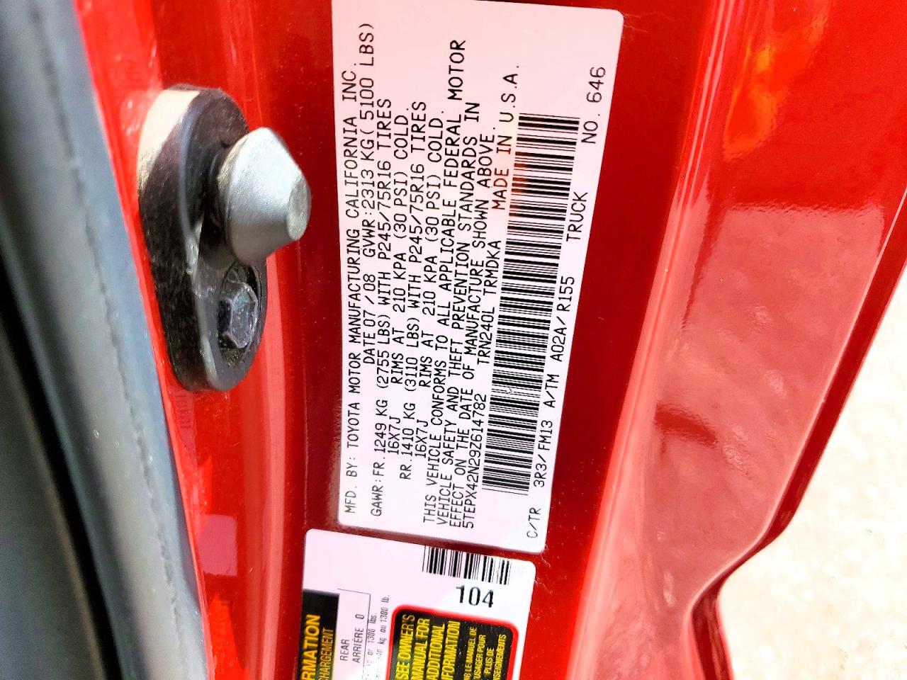 2009 Toyota Tacoma Base Red vin: 5TEPX42N29Z614782