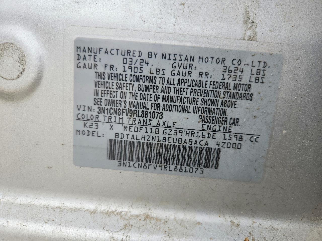2024 Nissan Versa Sr Silver vin: 3N1CN8FV9RL881073