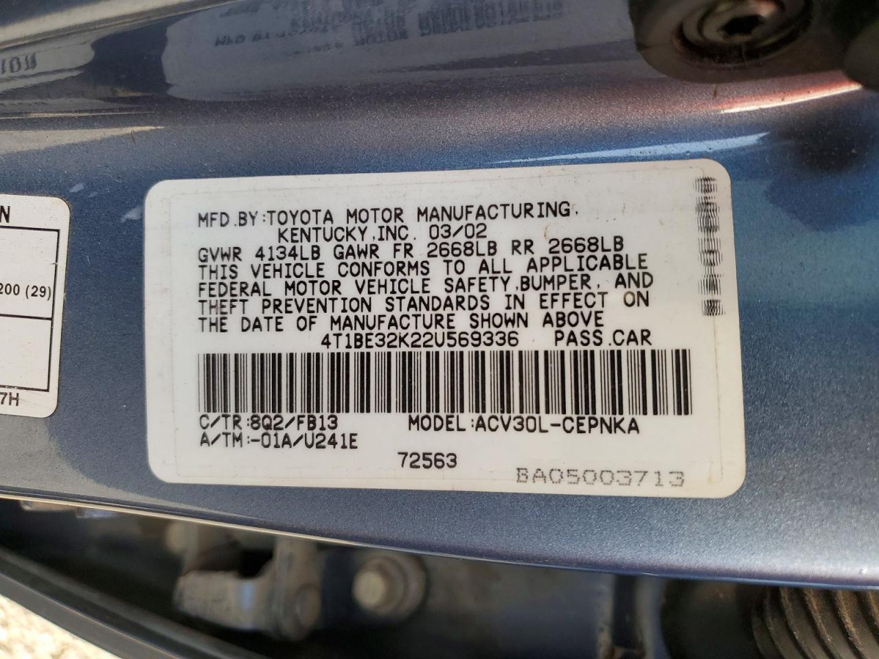 2002 Toyota Camry Le Teal vin: 4T1BE32K22U569336
