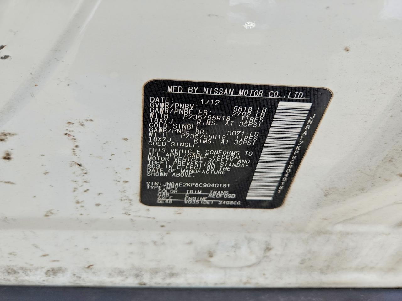 2012 Nissan Quest 3.5 S White vin: JN8AE2KP8C9040181