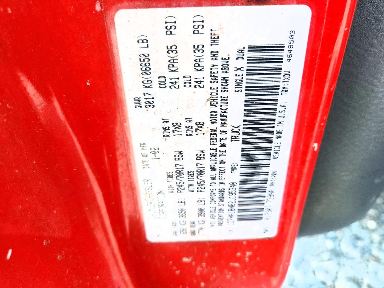 2002 Dodge Ram 1500 Red vin: 1D7HA18N82J195340