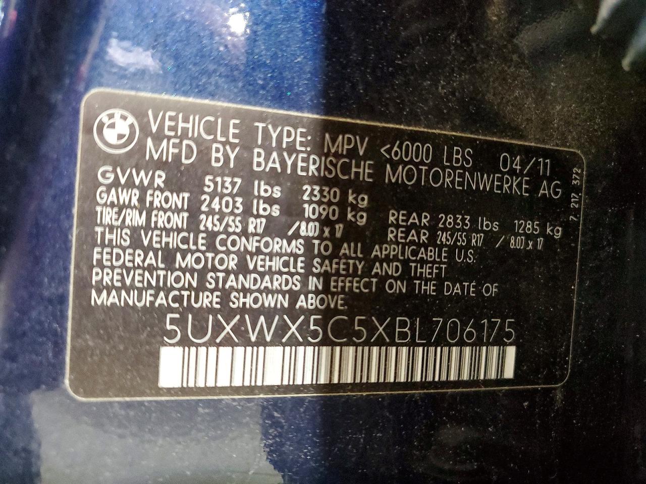 2011 Bmw X3 Xdrive28i Blue vin: 5UXWX5C5XBL706175