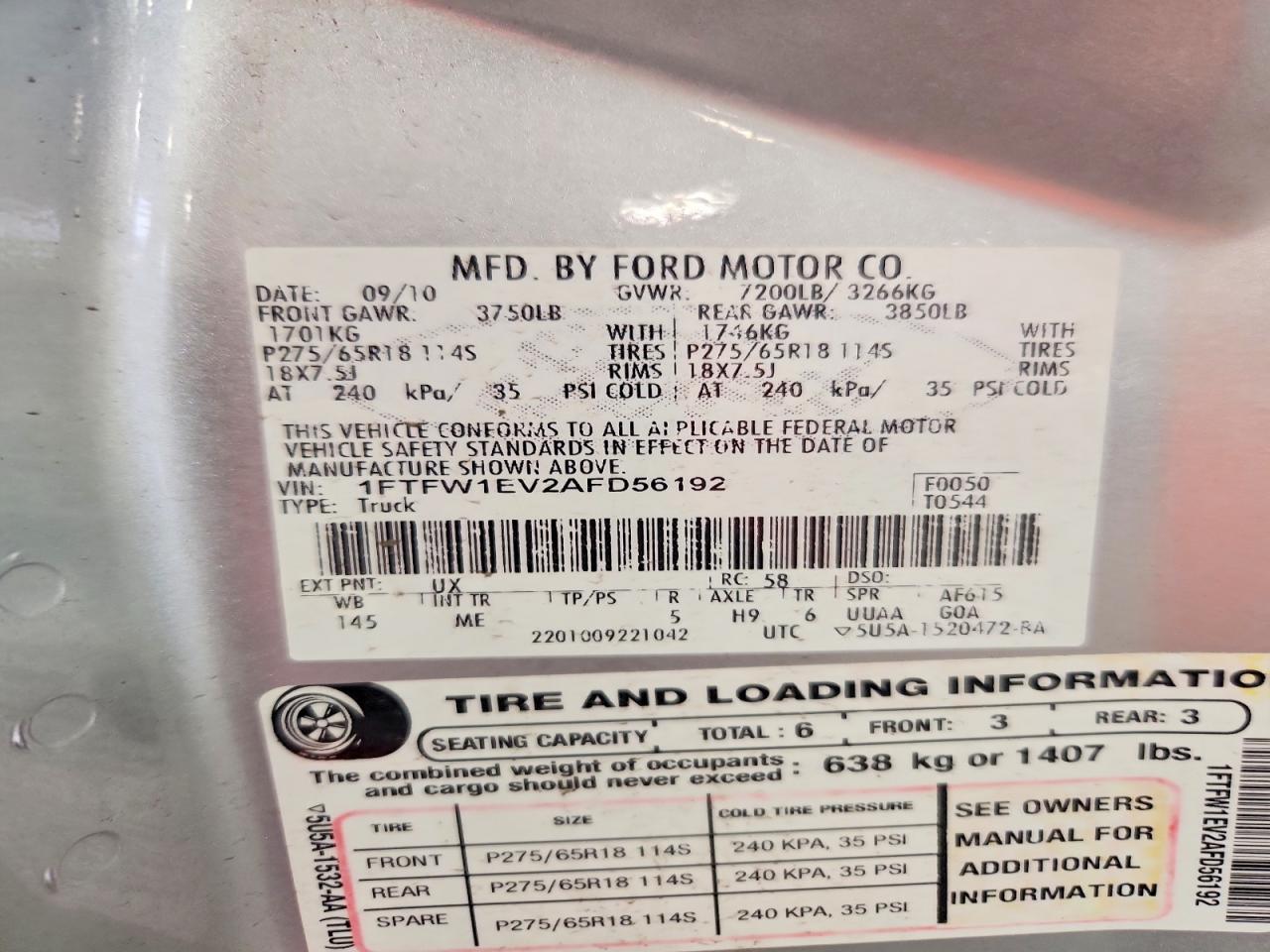 2010 Ford F150 Supercrew Silver vin: 1FTFW1EV2AFD56192