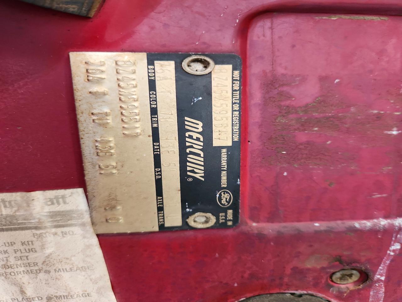 1968 Mercury Uk Red vin: 8Z45X595517