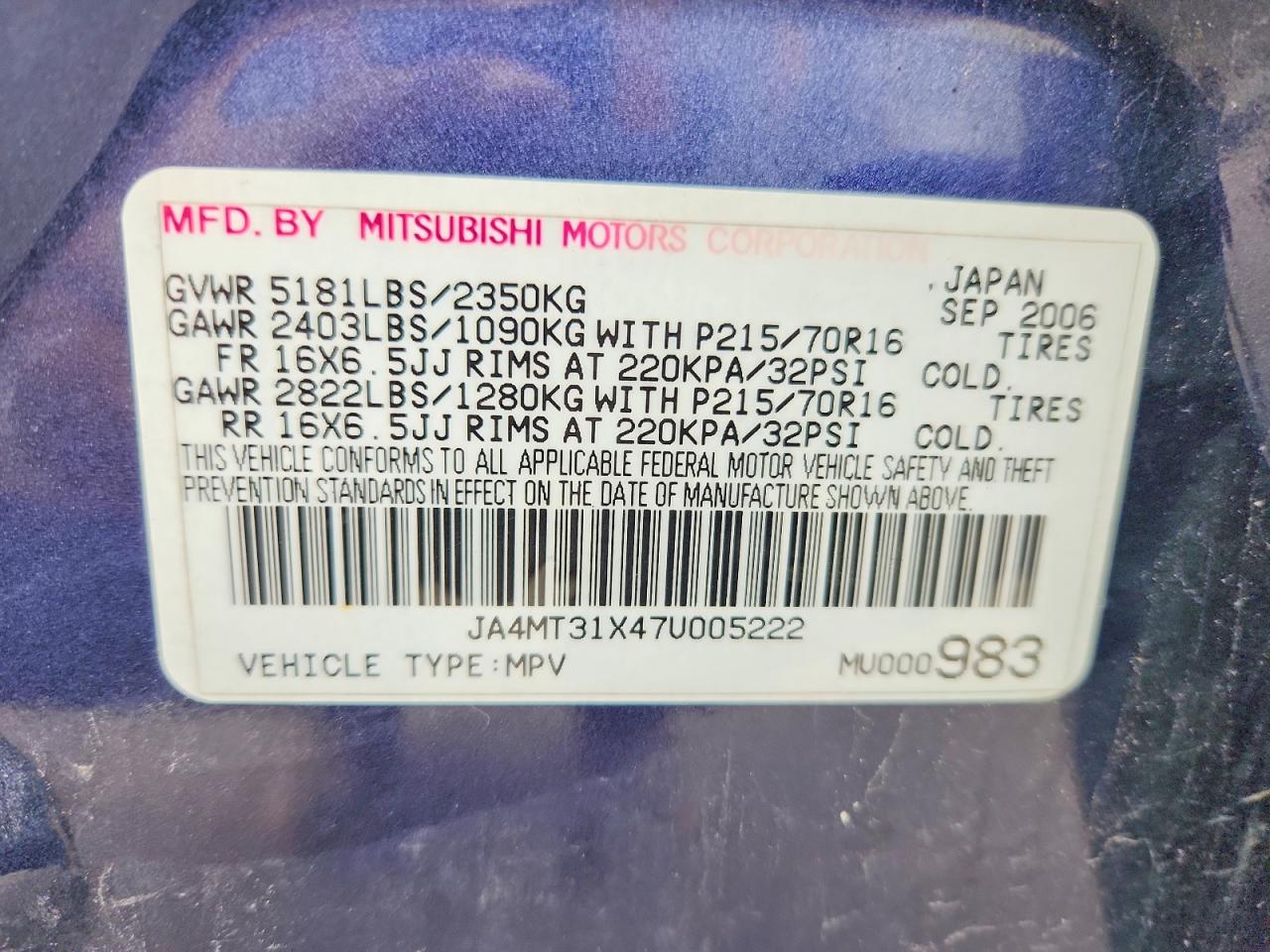 2007 Mitsubishi Outlander Ls Blue vin: JA4MT31X47U005222