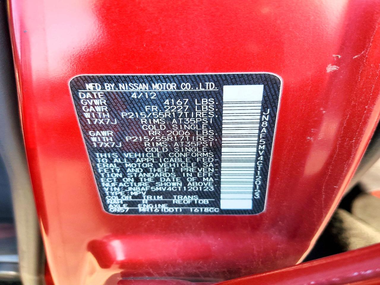 2012 Nissan Juke S Red vin: JN8AF5MV4CT120123