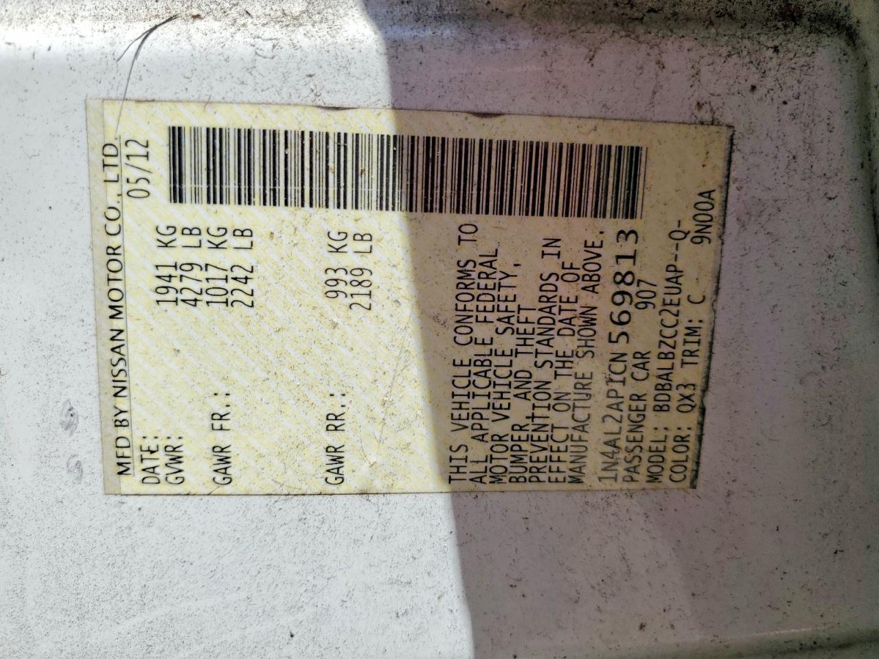 2012 Nissan Altima 2.5 White vin: 1N4AL2AP1CN569813