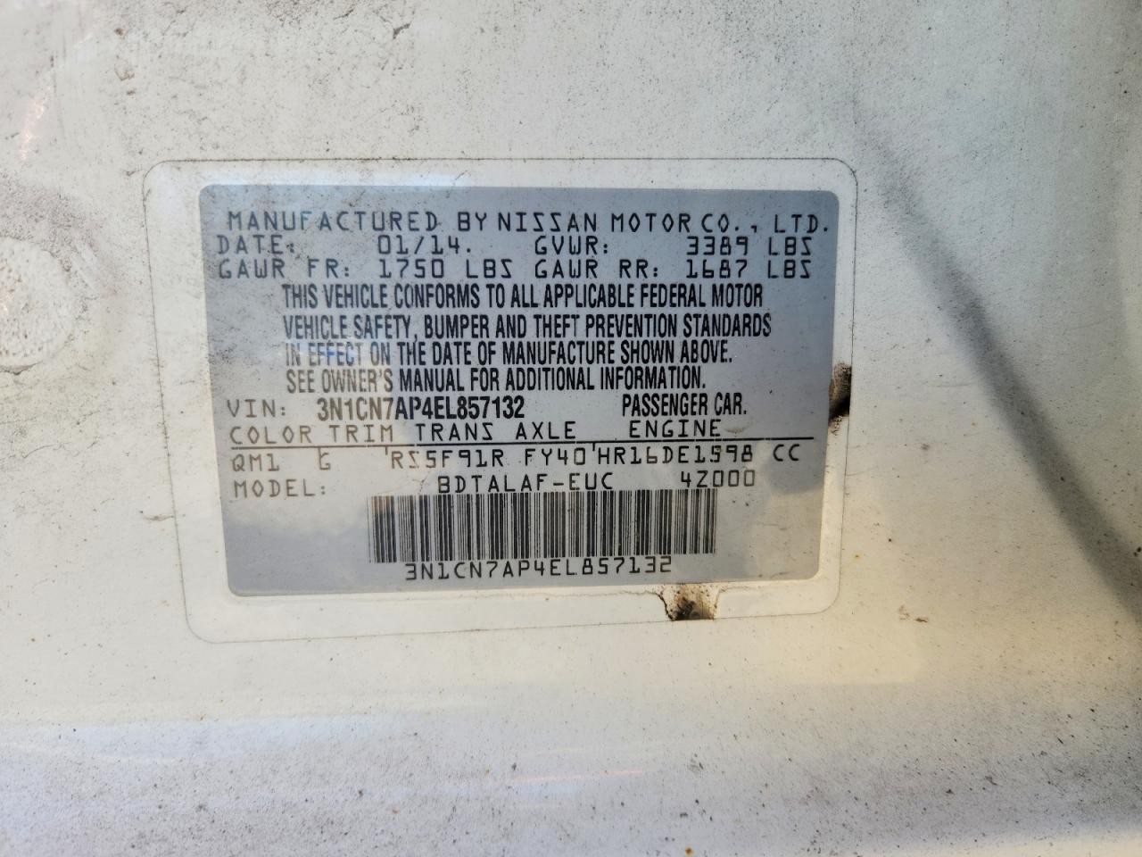 2014 Nissan Versa 1.6 S Белый vin: 3N1CN7AP4EL857132