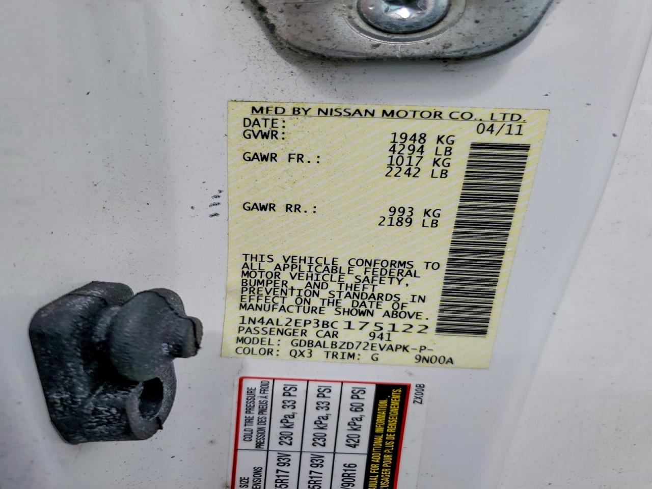 2011 Nissan Altima 2.5 S Белый vin: 1N4AL2EP3BC175122