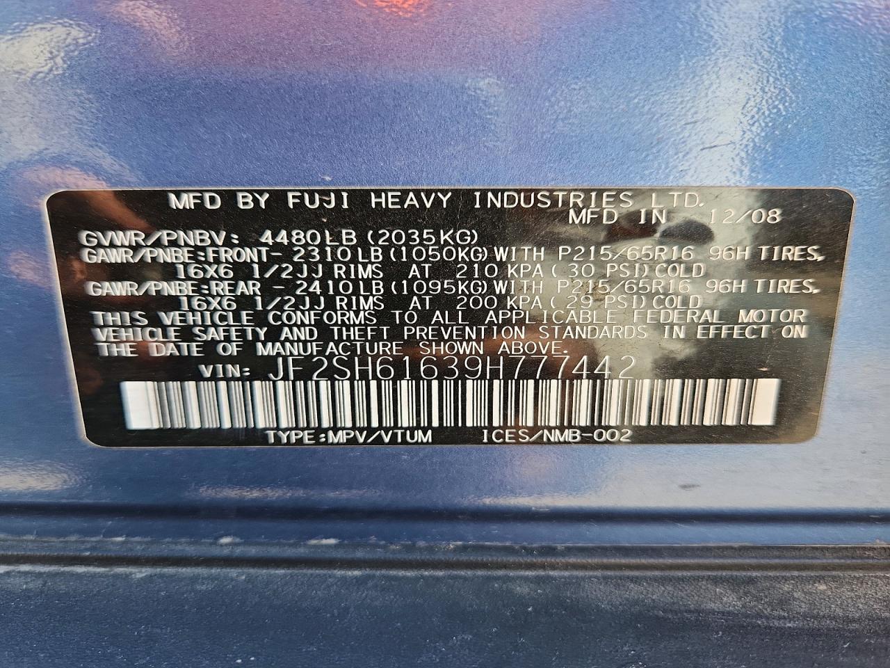 2009 Subaru Forester 2.5x Blue vin: JF2SH61639H777442