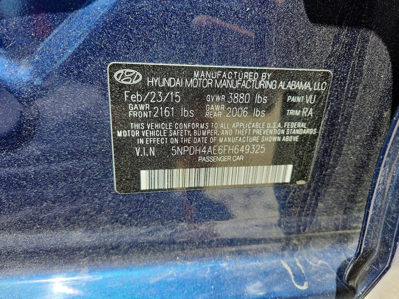 2015 Hyundai Elantra Se Blue vin: 5NPDH4AE6FH649325