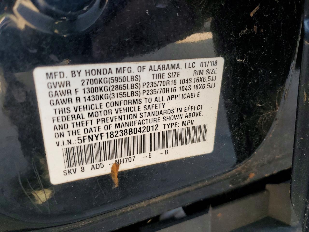 2008 Honda Pilot Vp Black vin: 5FNYF18238B042012