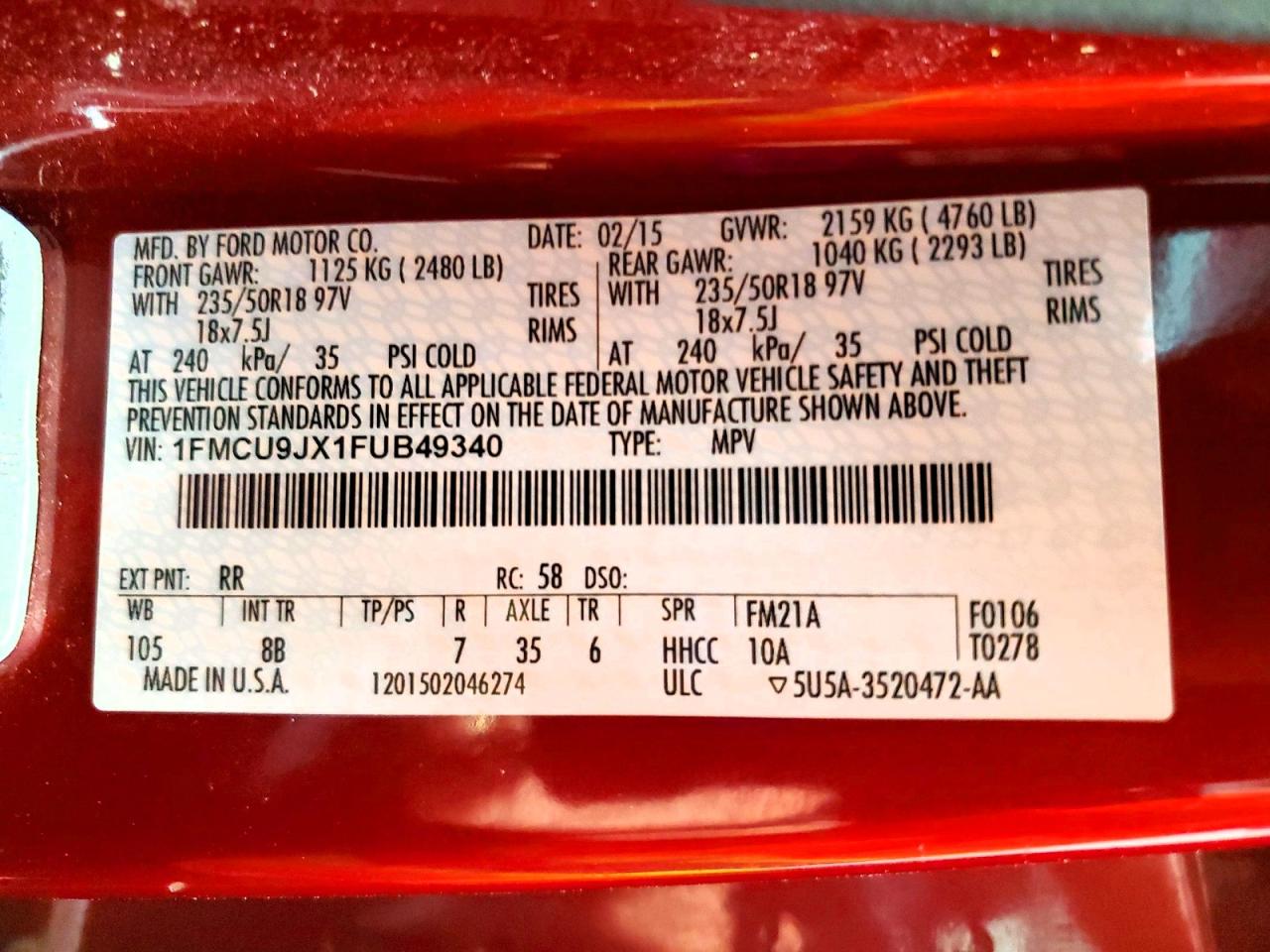 2015 Ford Escape Titanium Red vin: 1FMCU9JX1FUB49340