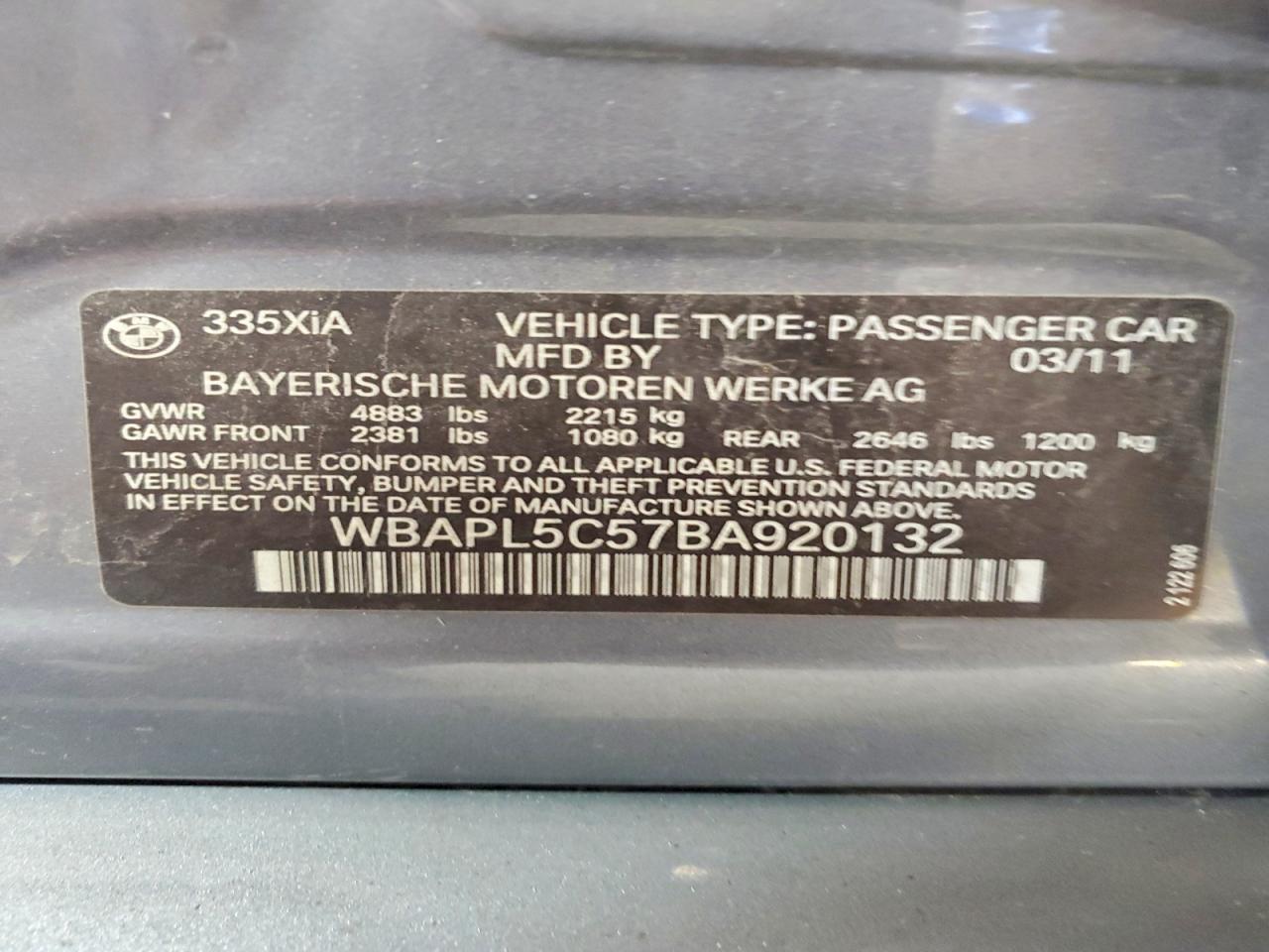 2011 Bmw 335 Xi Gray vin: WBAPL5C57BA920132