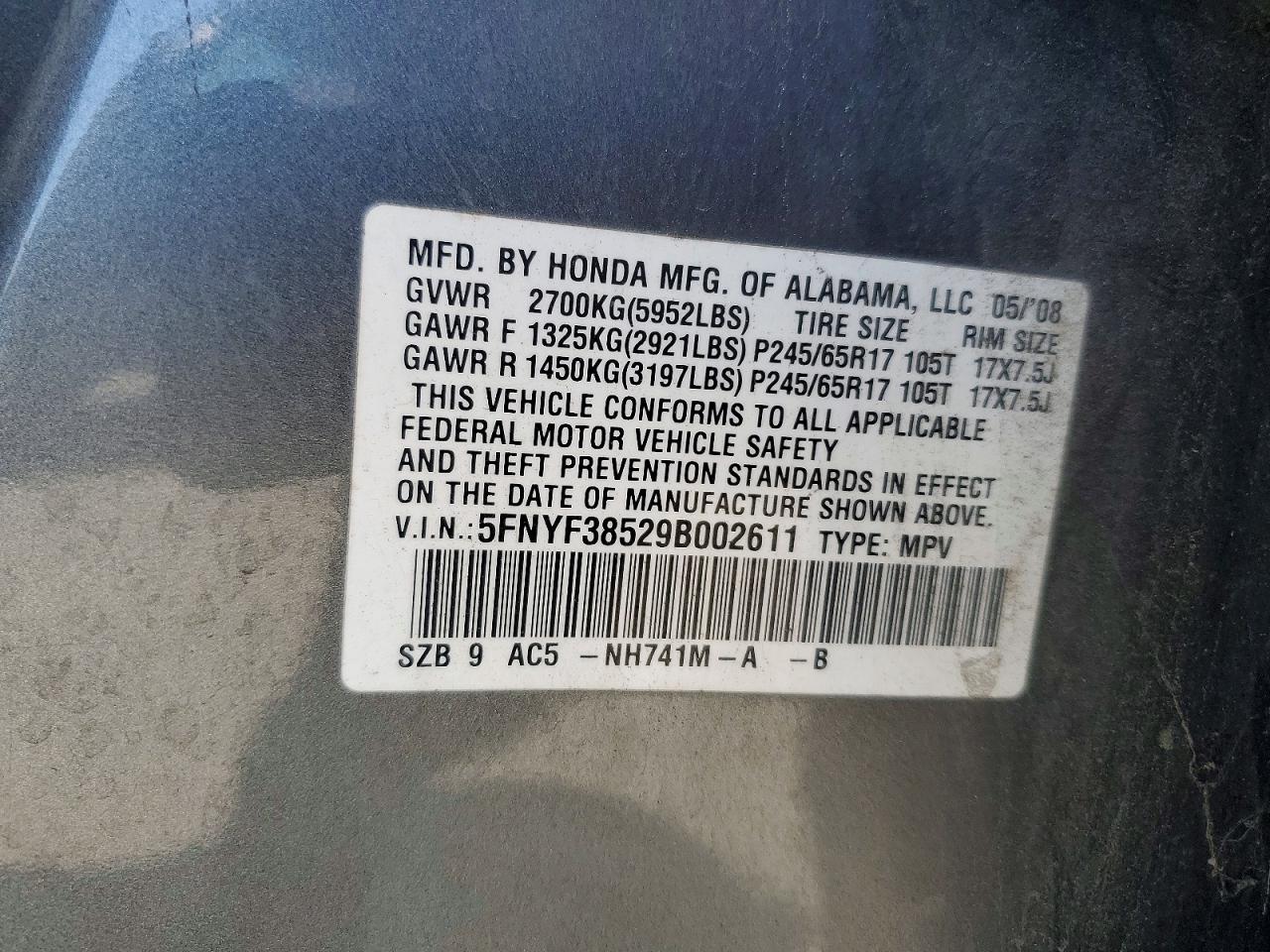 2009 Honda Pilot Exl Gray vin: 5FNYF38529B002611