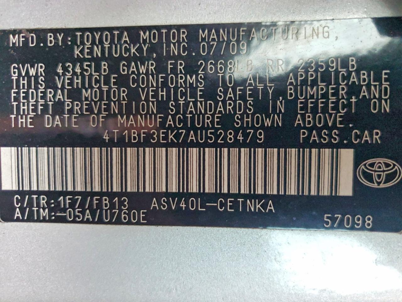 2010 Toyota Camry Le Серебряный vin: 4T1BF3EK7AU528479