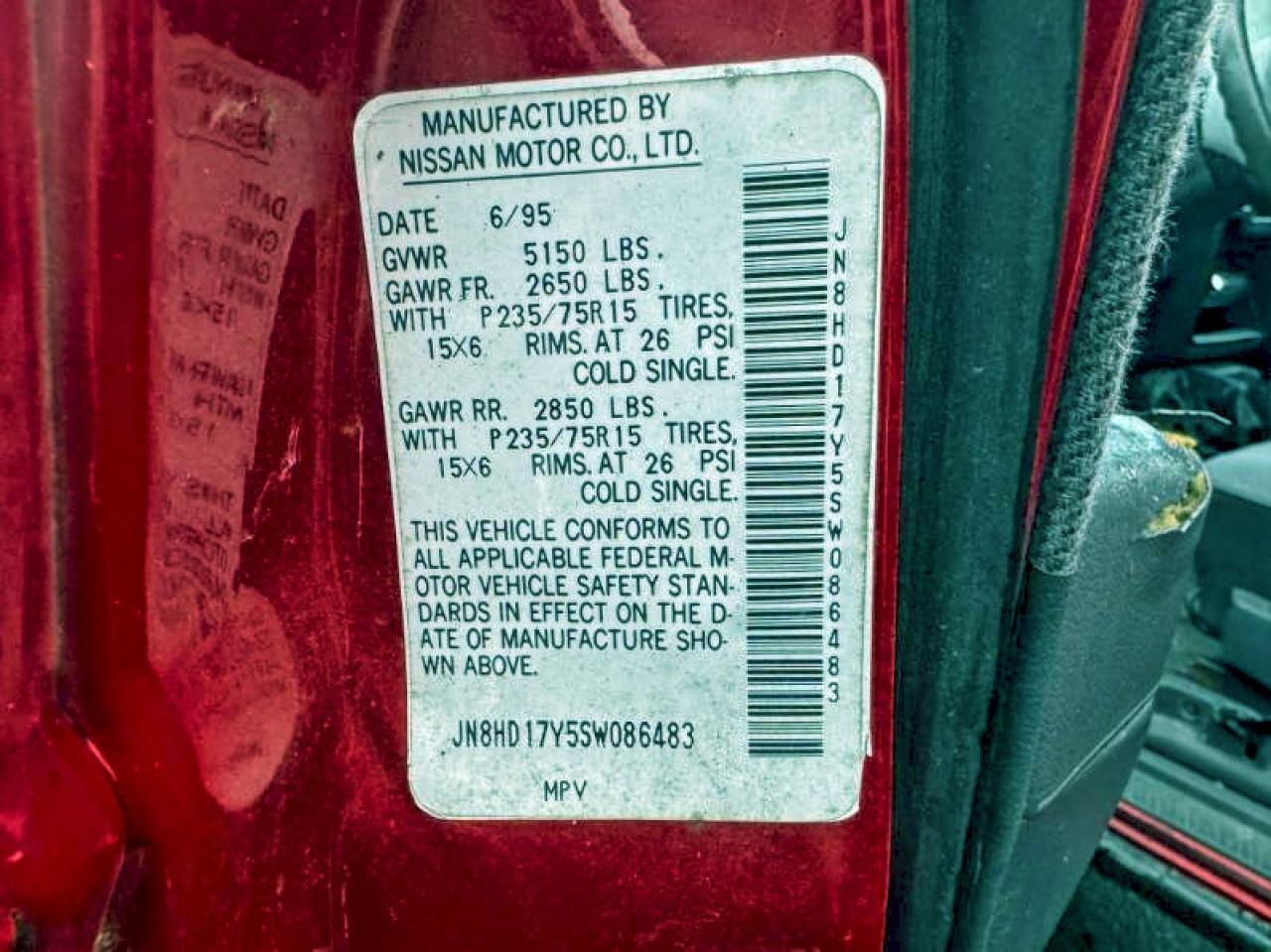 1995 Nissan Pathfinder Le Red vin: JN8HD17Y5SW086483