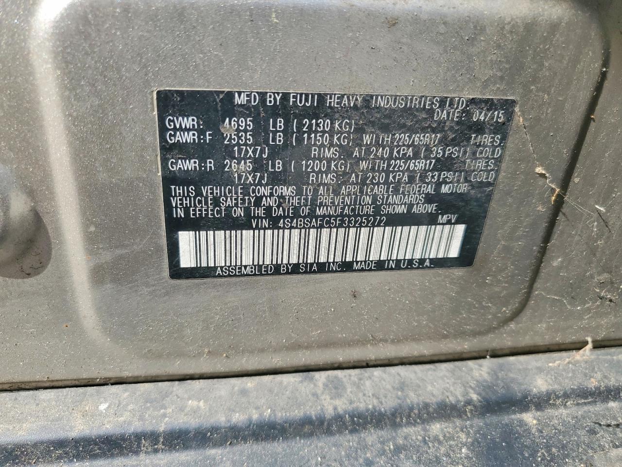 2015 Subaru Outback 2.5i Premium Silver vin: 4S4BSAFC5F3325272