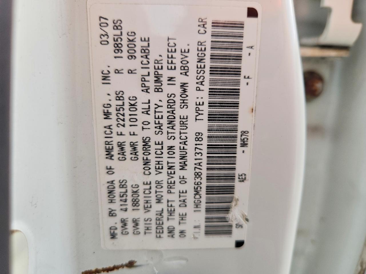 2007 Honda Accord Se White vin: 1HGCM56387A137189