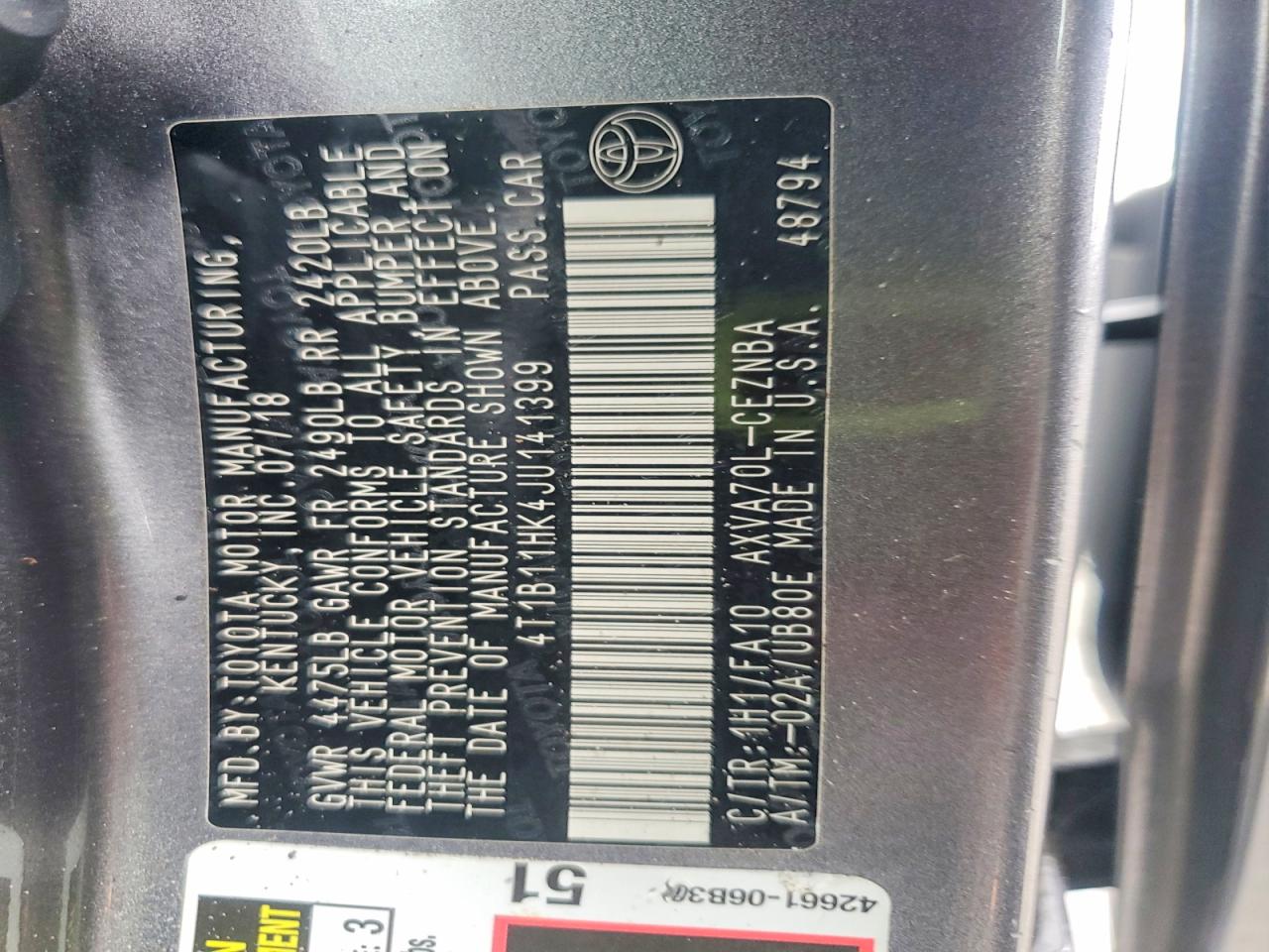 2018 Toyota Camry Le Серый vin: 4T1B11HK4JU141399