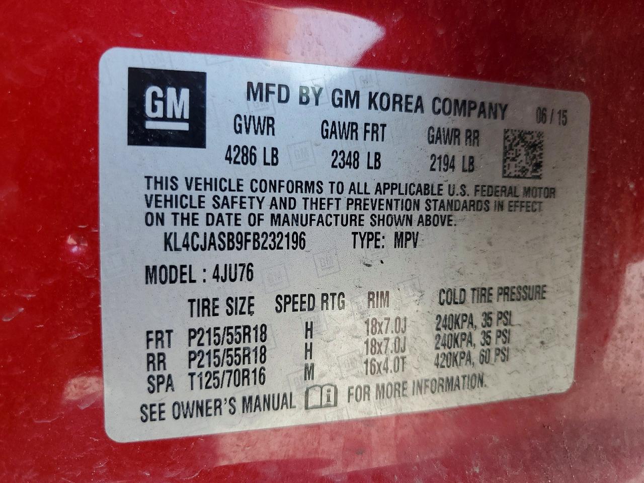 2015 Buick Encore Red vin: KL4CJASB9FB232196
