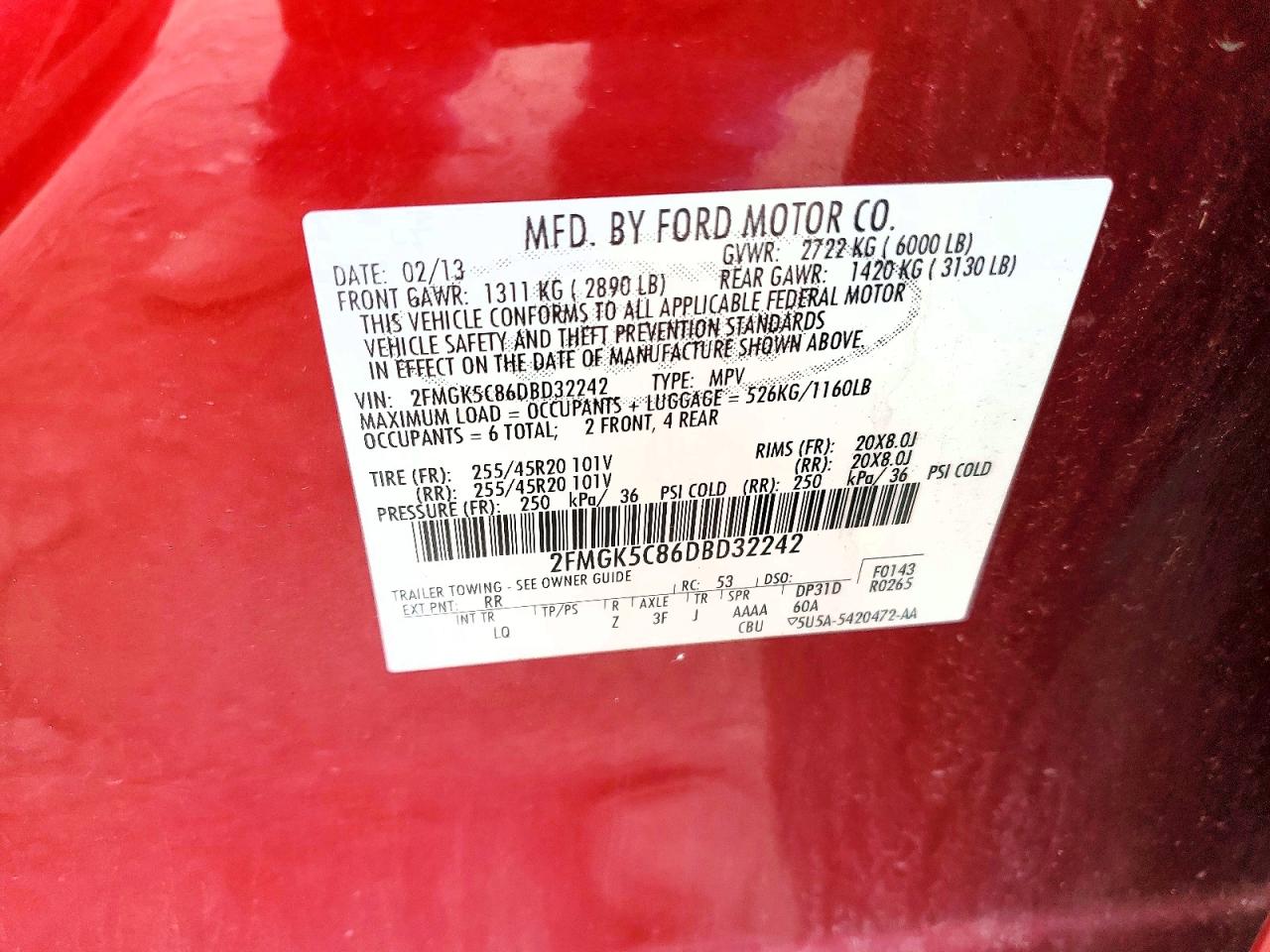 2013 Ford Flex Sel Red vin: 2FMGK5C86DBD32242