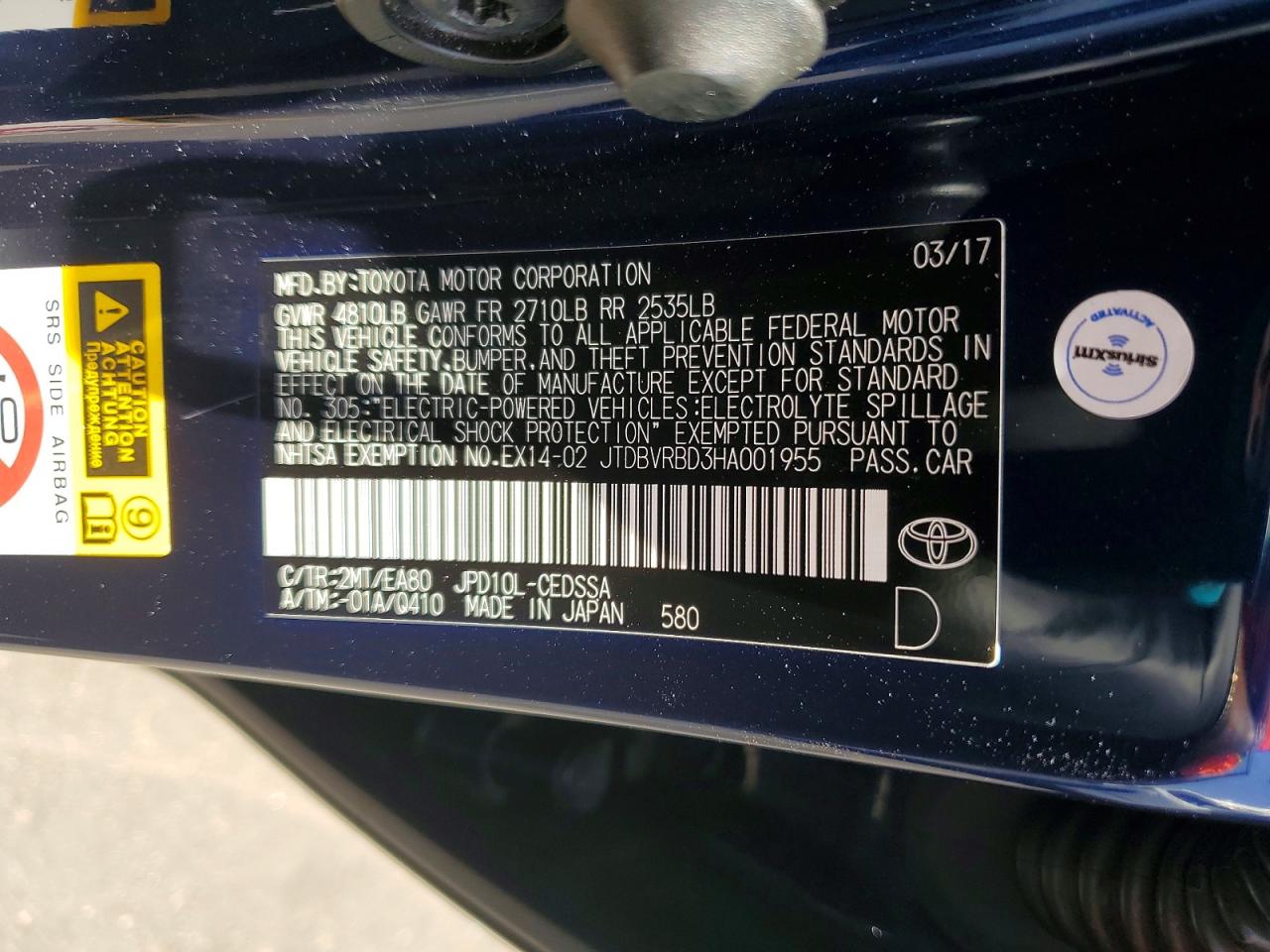 2017 Toyota Mirai Base Blue vin: JTDBVRBD3HA001955