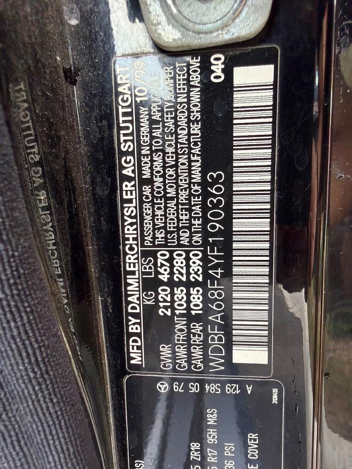 2000 Mercedes-benz Sl 500 Black vin: WDBFA68F4YF190363