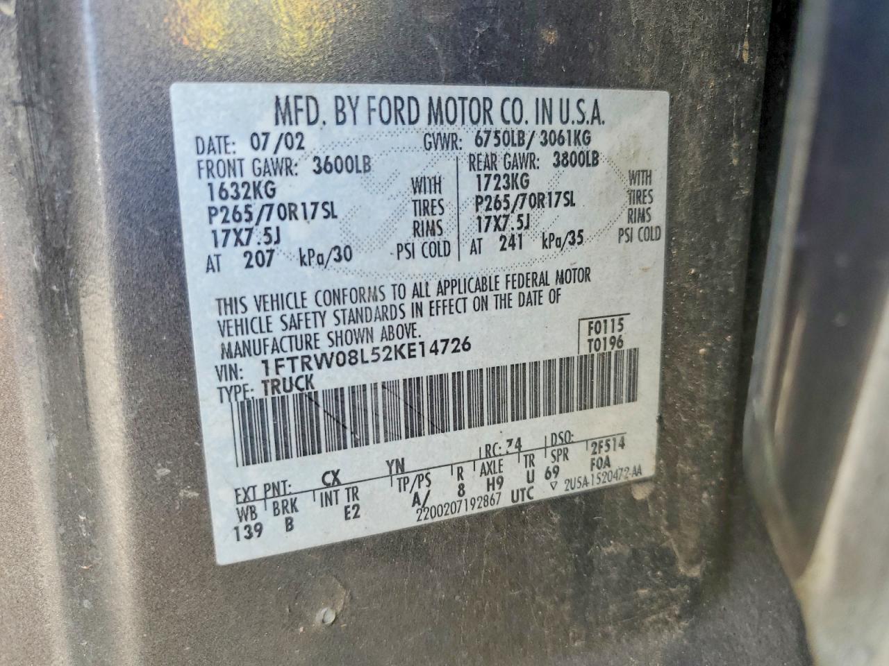2002 Ford F150 Supercrew Gray vin: 1FTRW08L52KE14726
