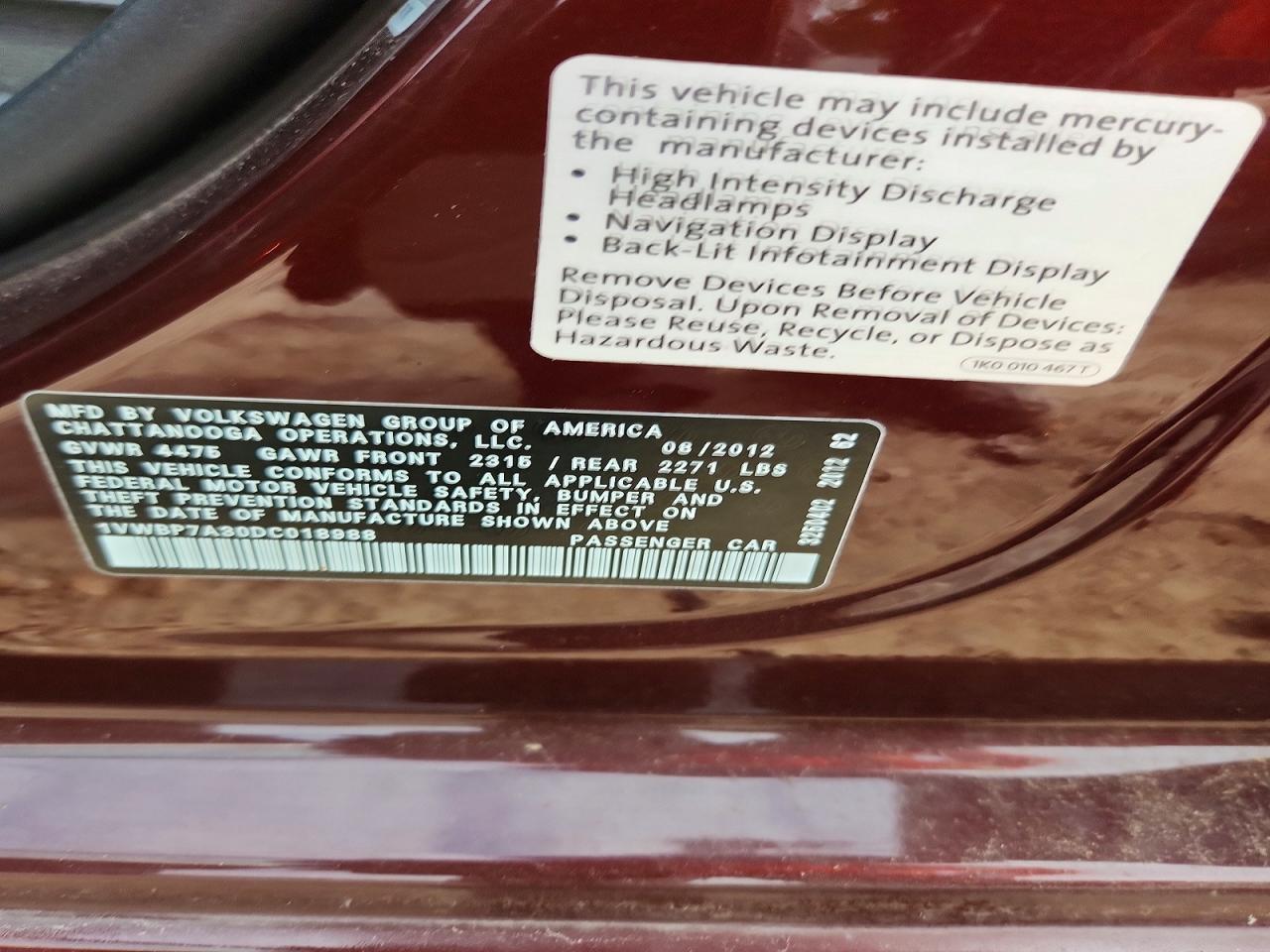 2013 Volkswagen Passat Se Maroon vin: 1VWBP7A30DC018988