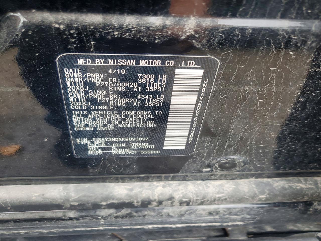 2019 Nissan Armada Sl Black vin: JN8AY2NDXK9093097