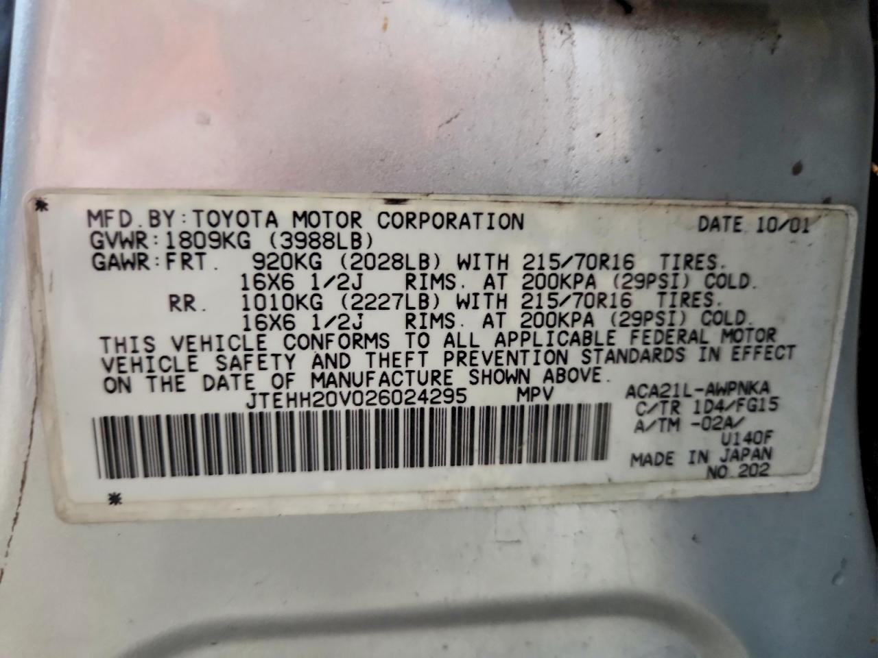 2002 Toyota Rav4 Base Silver vin: JTEHH20V026024295