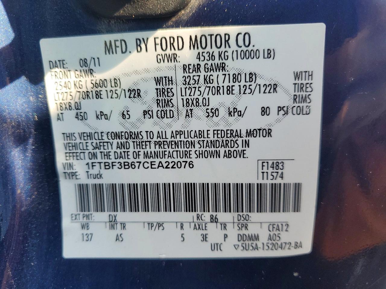 2012 Ford F350 Super Duty Blue vin: 1FTBF3B67CEA22076