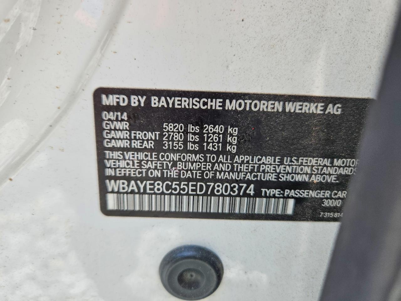 2014 Bmw 750 Li White vin: WBAYE8C55ED780374