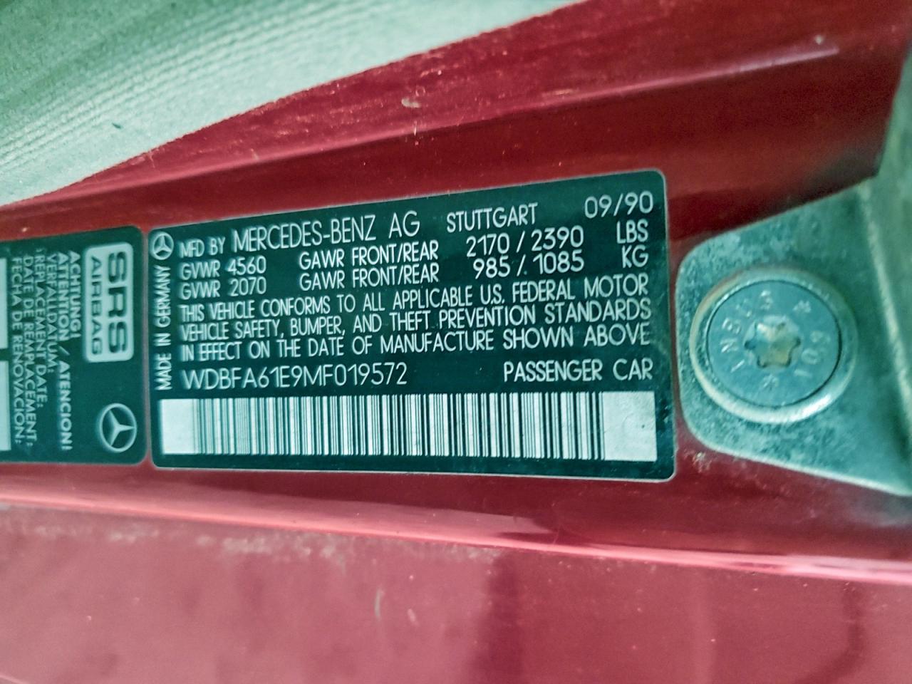 1991 Mercedes-benz 300 Sl Red vin: WDBFA61E9MF019572